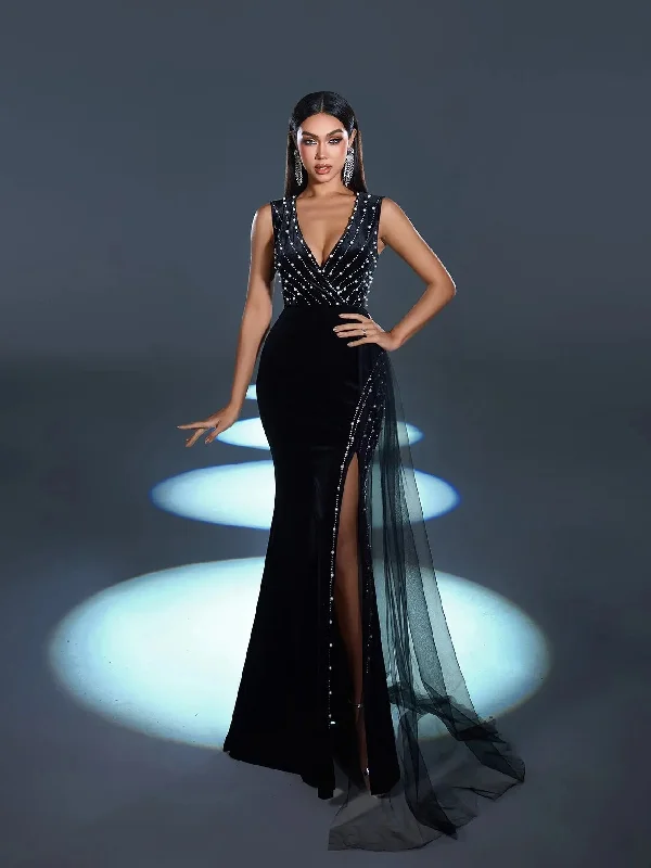 Gorgous Pearl Embellished Sleeveless Mermaid Hem Velvet Evening Dress Tunics Prom sequined Gorgous Pearl Embellished Sleeveless Mermaid Hem Velvet Evening Dress Tunics Prom sequined