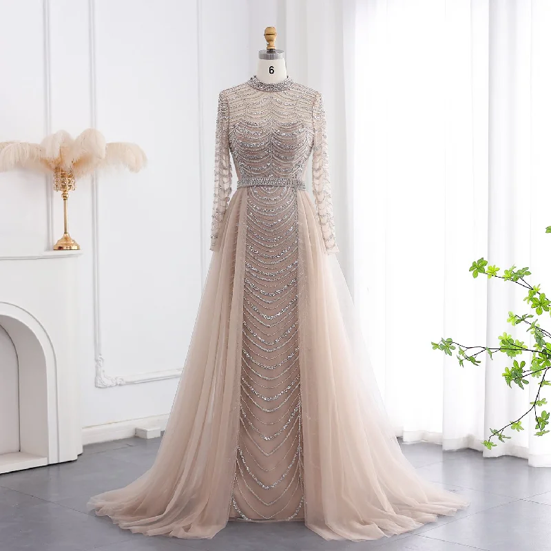 Luxury Champagne Long Sleeves Evening Dress with Overskirt SS173 Tunics Vintage classic Luxury Champagne Long Sleeves Evening Dress with Overskirt SS173 Tunics Vintage classic
