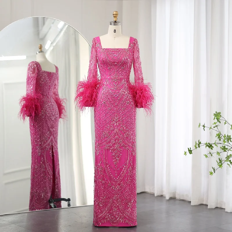 Luxury Fuchsia Long Sleeves Feathers Evening Dresses SS239 Boat Neckline Classic