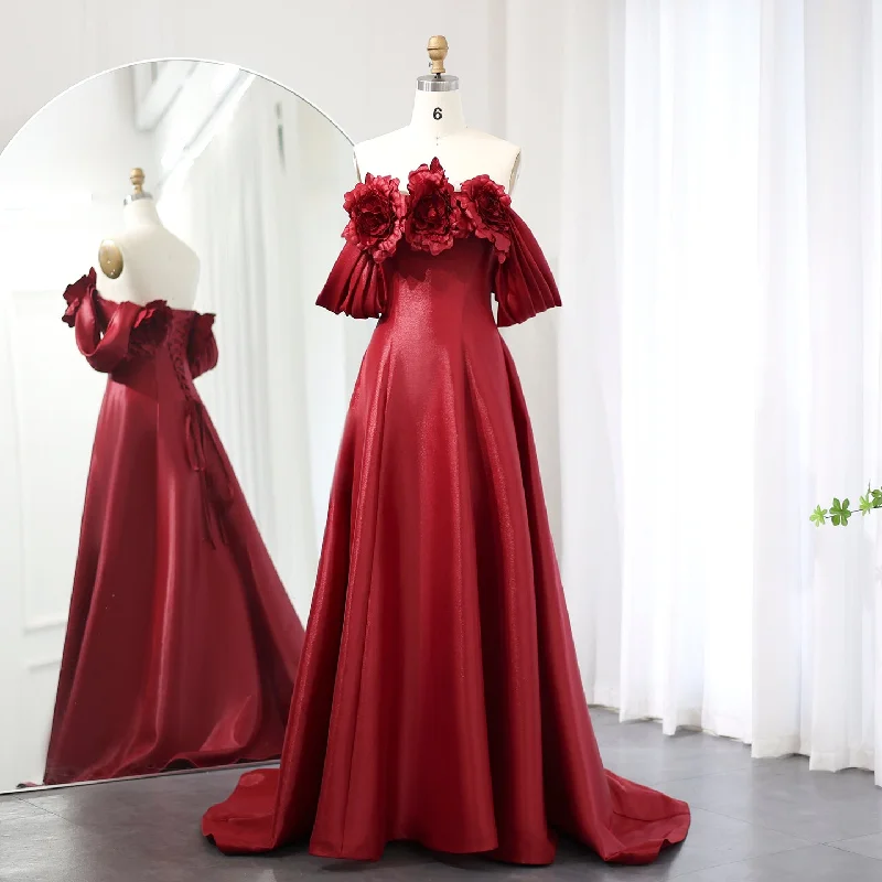 Elegant Burgundy 3D Flowers Off Shoulder Evening Dress SS344 Tunics Cozy soft