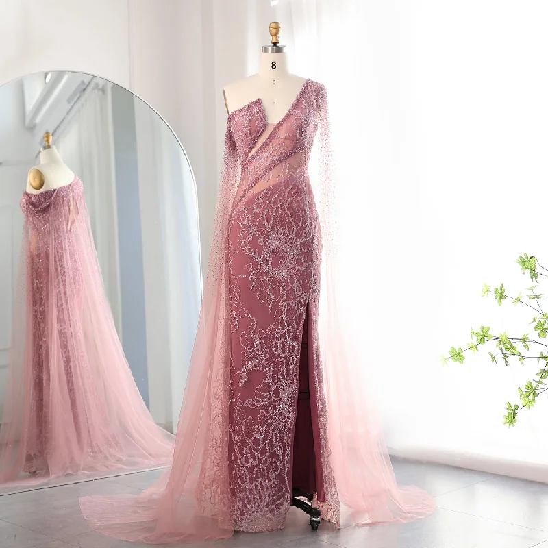 Elegant Pink One Shoulder Cape Sleeves Side Slit Evening Dress SS135 Tunics Brand named Elegant Pink One Shoulder Cape Sleeves Side Slit Evening Dress SS135 Tunics Brand named