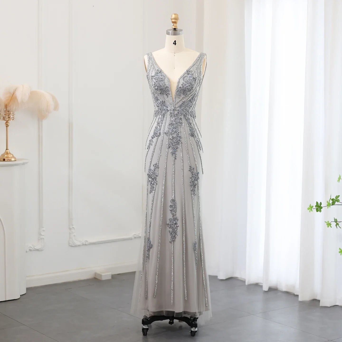 Elegant Gray V-Neck Mermaid Evening Dress SS188 Boatneck Modish Everyday