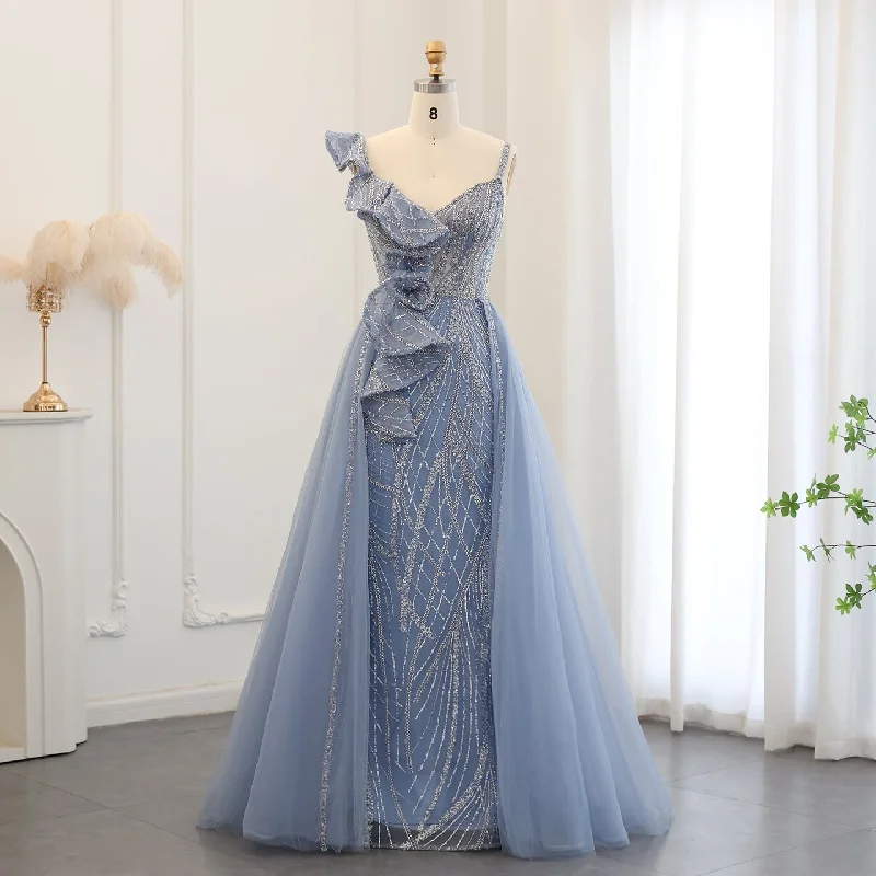 Elegant Spaghetti Blue Mermaid Evening Dress with Overskirt SS095 Tunics Brand named