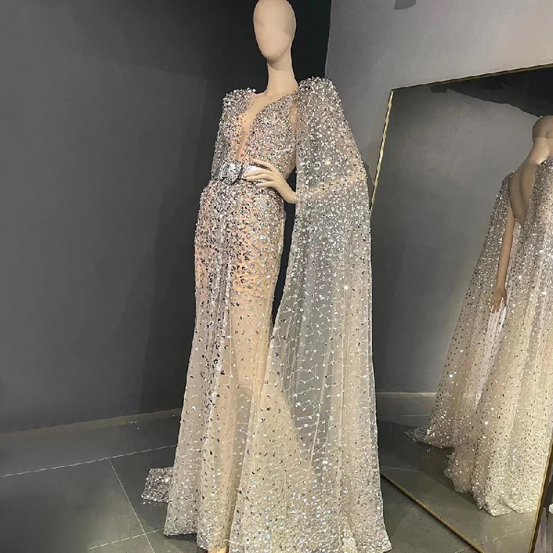 Luxury Beaded Silver Nude Evening Dress with Cape Sleeve SS556 Shift Classic Vintage