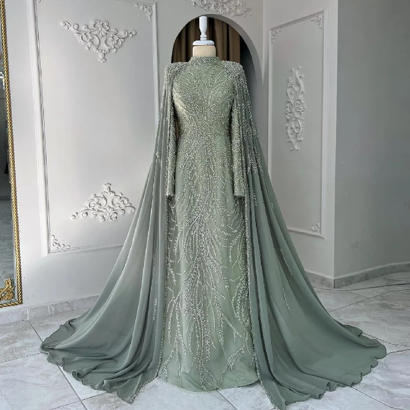 Luxury Beaded Sage Green Long Sleeves Evening Dress SS387 Tunics Trendy modern