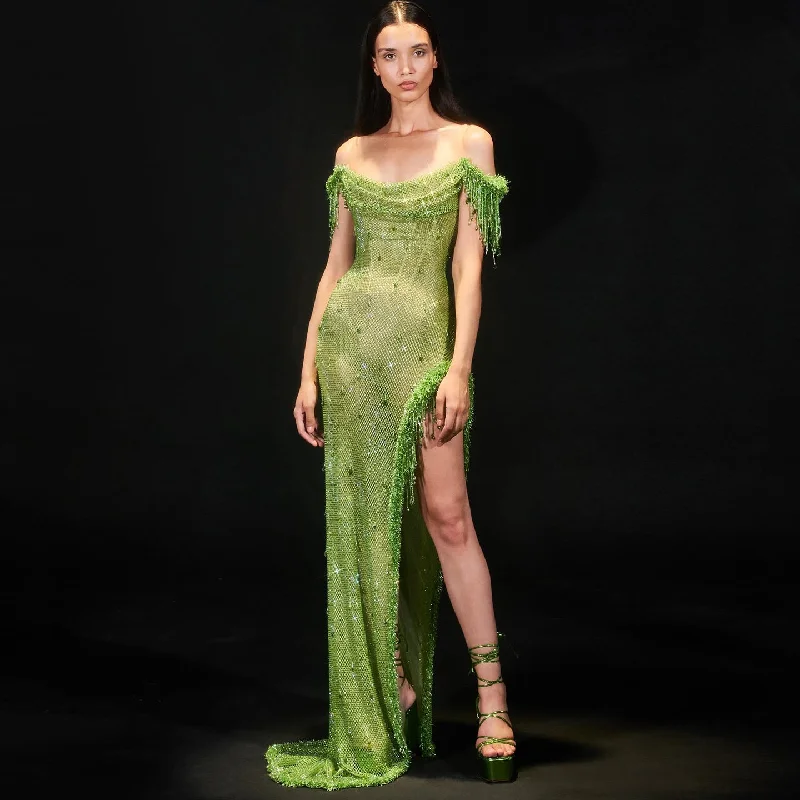 Luxury Tassel Sage Green Slit Evening Dress SS382 Crew Neckline Sporty