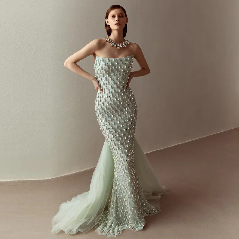 Luxury Crystal Pearls Sage Green Evening Dress with Cape SS431 Satin Halter Glamorous