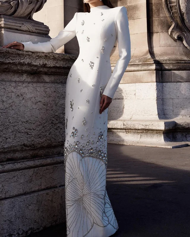 Luxury Crystal White Muslim Long Sleeves Evening Dress SS258 Tunics Stylish elegant