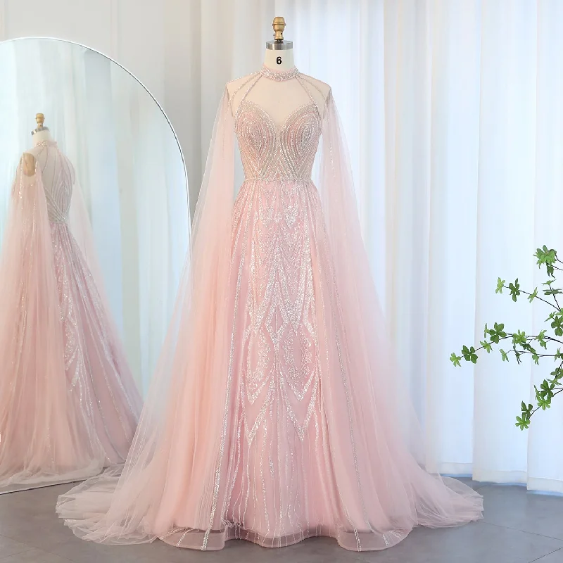 Luxury Pink A-line Evening Dress with Cape Sleeves SS090 Sequined Elegant Party