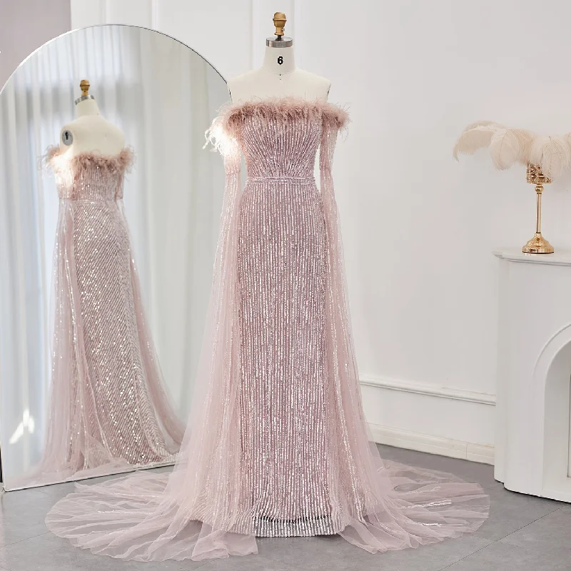 Luxury Feathers Pink Evening Dress with Cape Sleeves  SS215 Tunics Practical durable