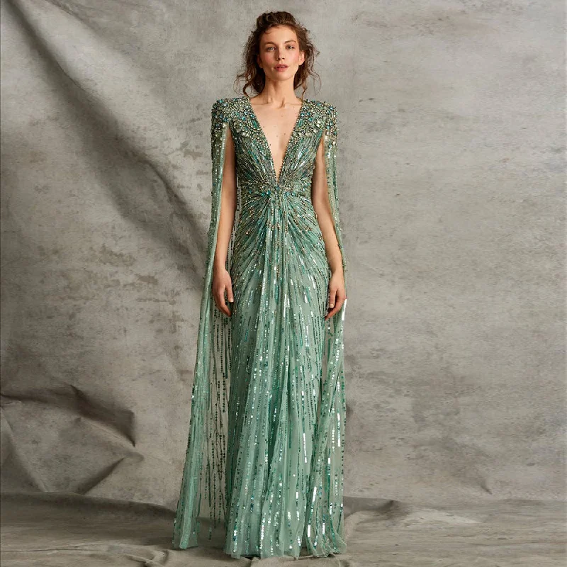 Luxury Dubai Green Evening Dresses with Cape Fuchsia Crystal Gold SS399 Tunics Spring floral Luxury Dubai Green Evening Dresses with Cape Fuchsia Crystal Gold SS399 Tunics Spring floral