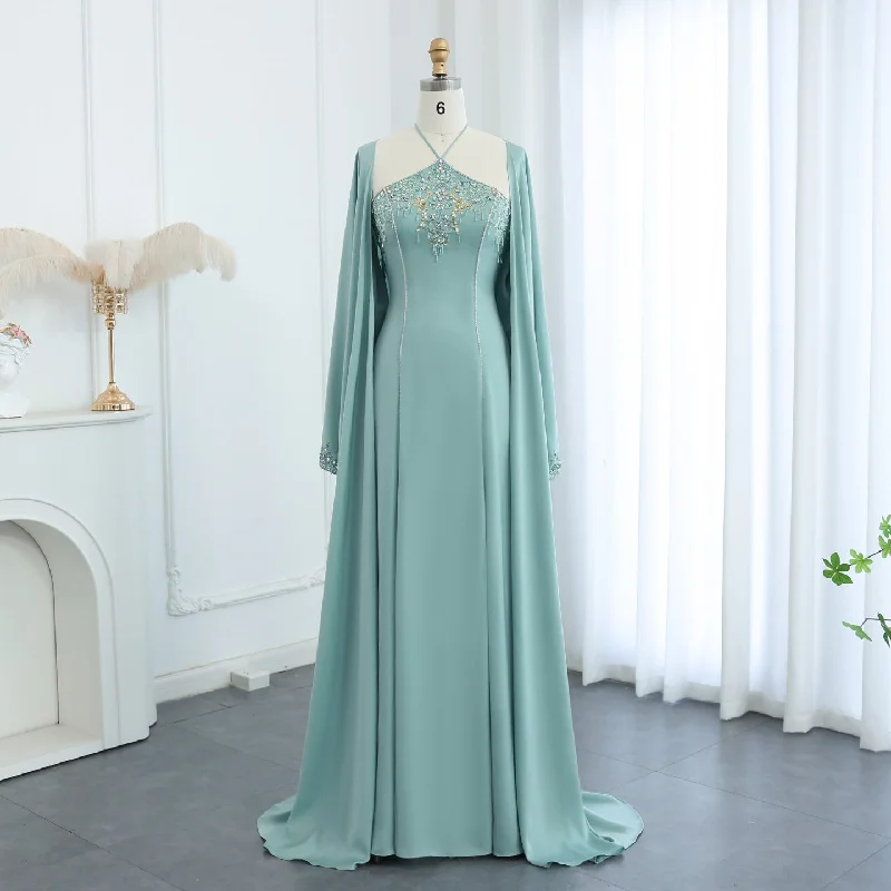 Luxury Sage Green Halter Evening Dress with Cape SS301 Tunics Chic elegant