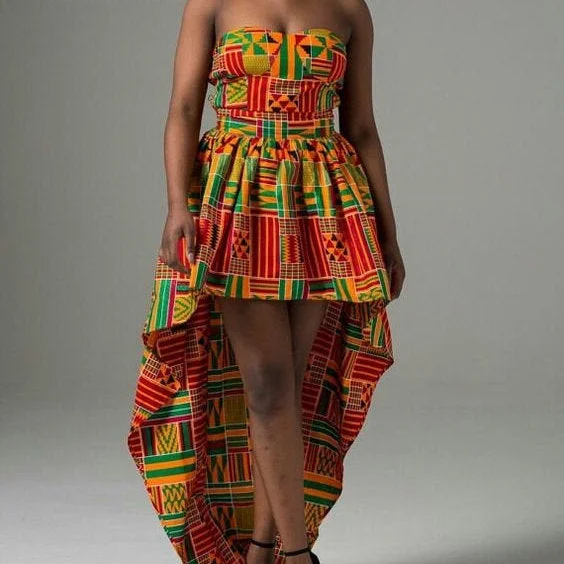 Women's African Clothing. Asymmetrical Ankara Short Gown. African Kente Print Dress. African Party Dress. African Wedding Guest Dress. Off-the-shoulder Bohemian Festive