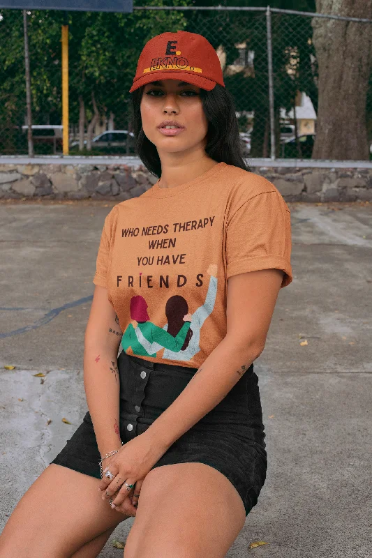 Women Round Neck Mustard T Shirt Friends Are Therapy Graphic Embroidered Appliqued Graphic Embroidered Appliqued