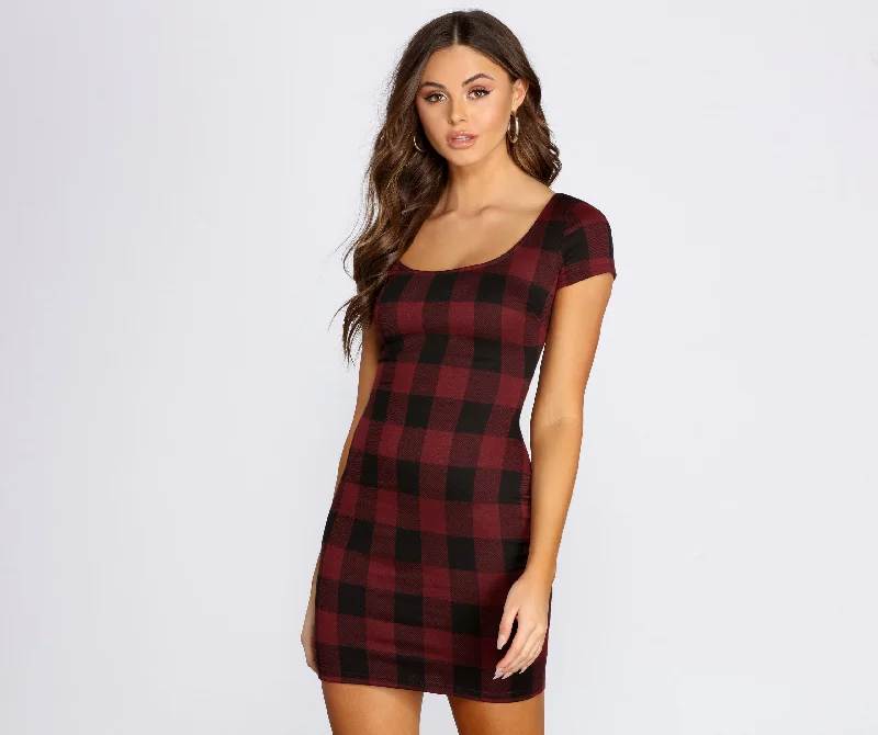 Clad In Plaid Scoop Neck Mini Dress Tunics Polka dots Tunics Polka dots