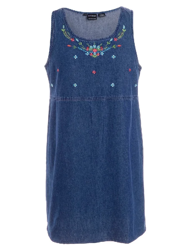 Label Heather Shortened Denim Dress Square Neckline Feminine Square Neckline Feminine