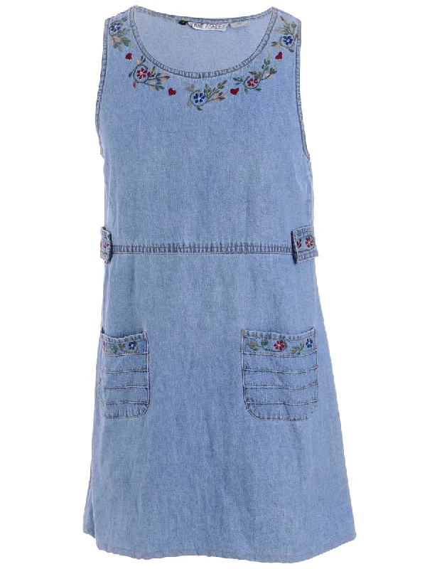 Label Heather Shortened Denim Dress Crew Neckline Sporty Crew Neckline Sporty