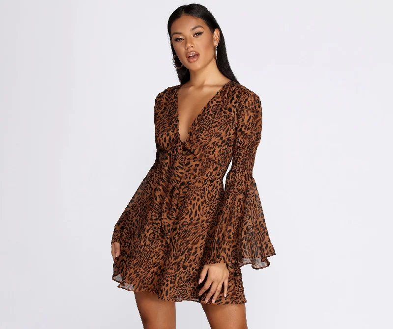 Leopard Bell Sleeve Chiffon Mini Dress Tunics Favorite customer Tunics Favorite customer