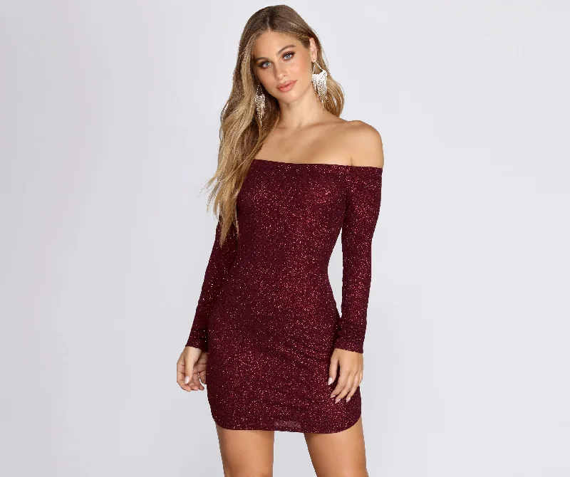 Off Shoulder Long Sleeve Glittering Mini Dress Tunics Stylish elegant Tunics Stylish elegant